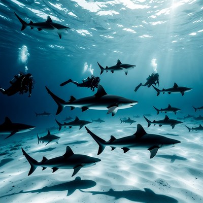 Scuba Divers Swimming with Sharks