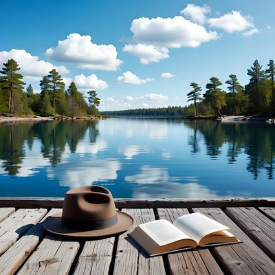 Open book and hat on wooden dock
