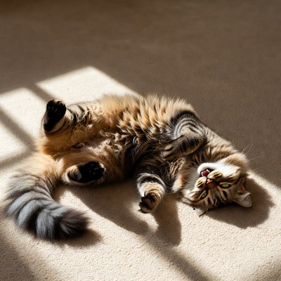 Fluffy tabby cat lying on back