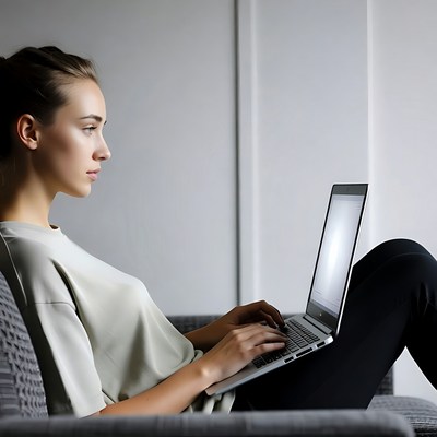 Young woman using laptop on couch
