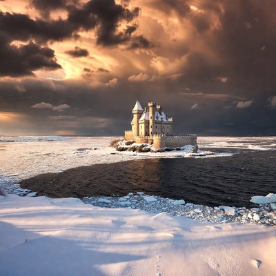 Medieval Castle on Snowy Island Lake