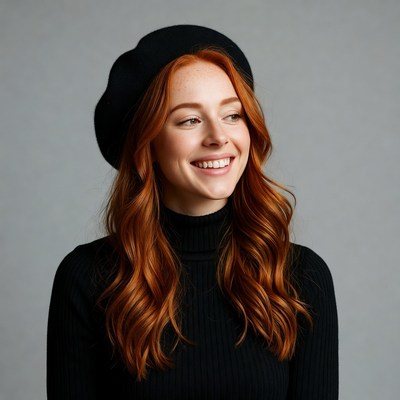 Redhead woman in black beret smiling