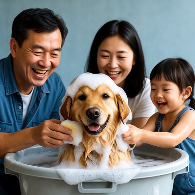 Asian family bathing golden retriever puppy