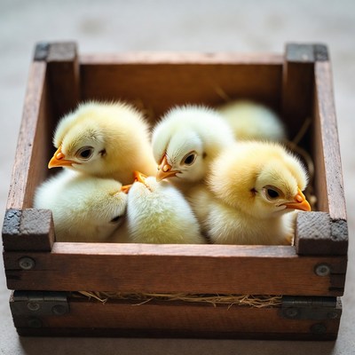 Baby Chickens in Wooden Crate