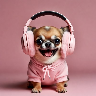 Chihuahua puppy wearing pink headphones