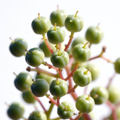 Green berries on red stems