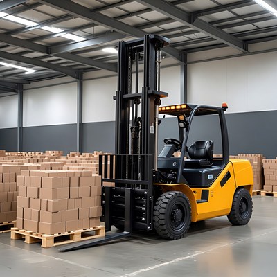 Yellow Forklift Lifting Cardboard Boxes
