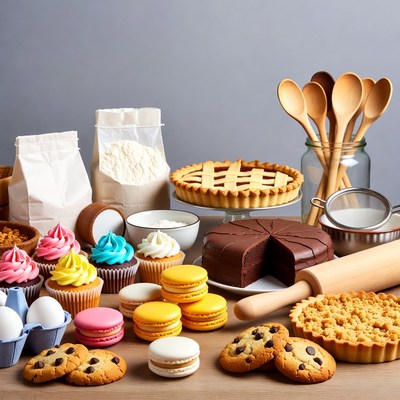 Assortment of baked goods and baking tools