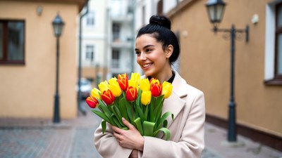 Woman holding yellow tulips on street