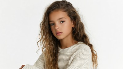 Girl with curly hair in white sweater