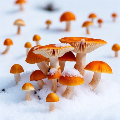 Orange mushrooms in snow