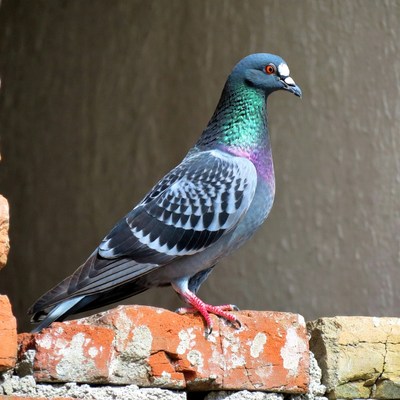 Pigeon perched on brick wall