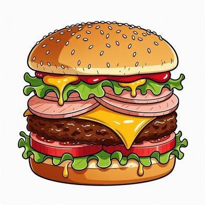 Illustrated Double Cheeseburger with Toppings