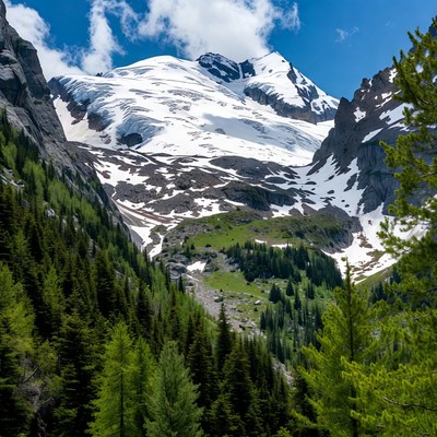 Snowy Mountain Peak with Forests