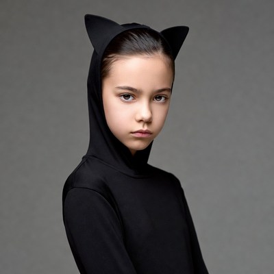 Girl wearing black cat ears hood