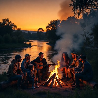 Group camping around campfire at sunset