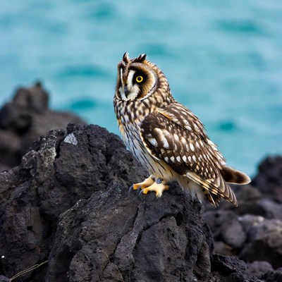 Short-eared owl on black rocks