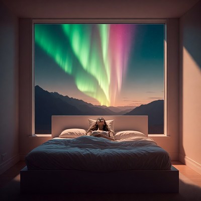 Woman watching aurora borealis from bed