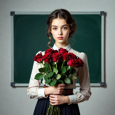 Girl holding red roses by blackboard