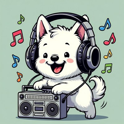 Cute white puppy with headphones and boombox