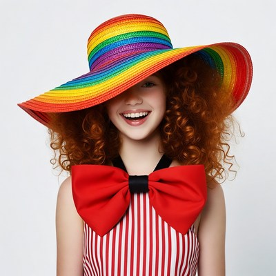 Girl in rainbow hat smiling