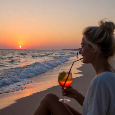 Blonde woman sipping cocktail at sunset beach
