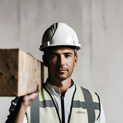 Man holding wooden beam in hard hat