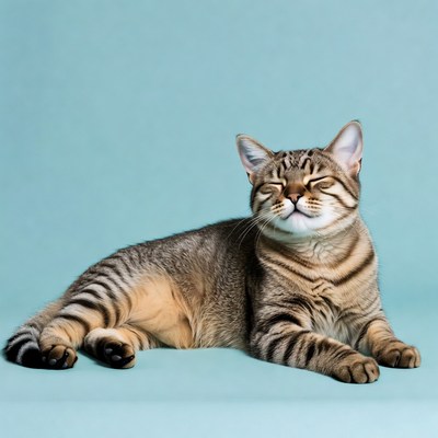 Tabby kitten lying on blue background
