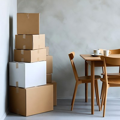 Stacked Cardboard Boxes Near Wooden Dining Table