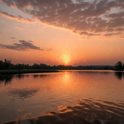 Sunset over lake with fiery reflection