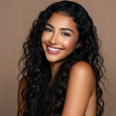 Beautiful woman with curly black hair smiling