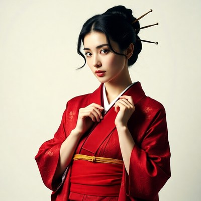 Asian woman in red kimono