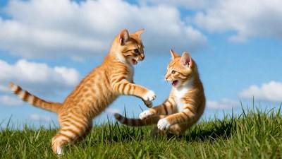 Two orange kittens playing in grass