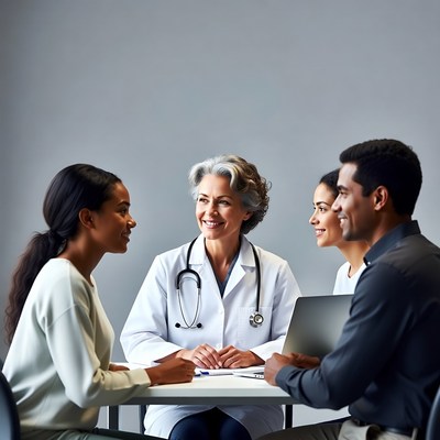 Doctor consulting diverse patients group