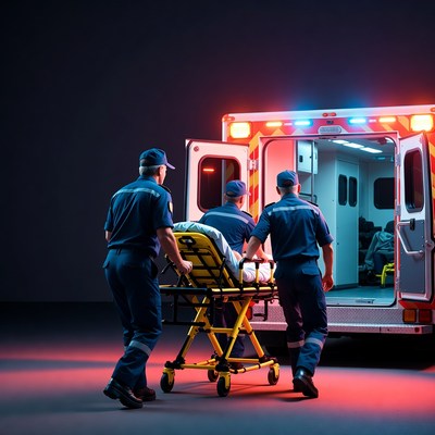 Paramedics wheeling patient into ambulance