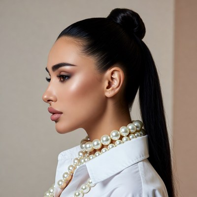 Profile of woman with bun and pearl necklace