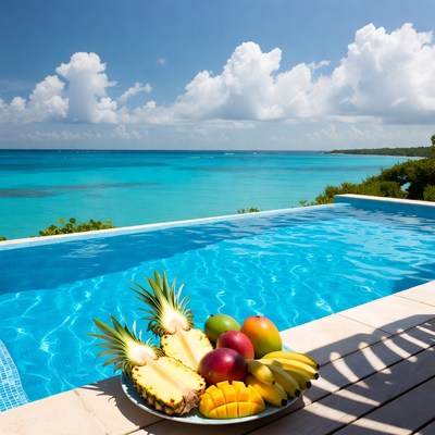 Tropical Fruits on Plate by Infinity Pool