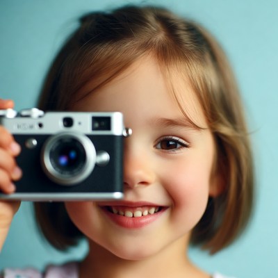 Little girl holding vintage camera