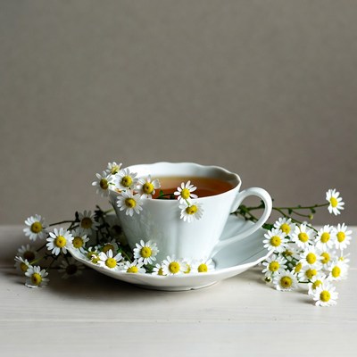 Chamomile Tea in White Cup with Flowers
