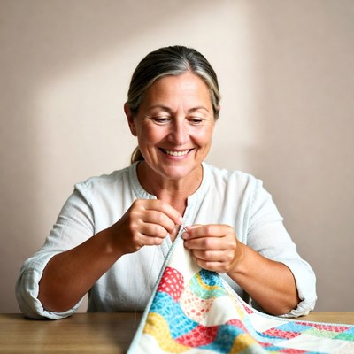 Woman sewing colorful quilt