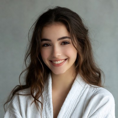 Smiling woman in white bathrobe