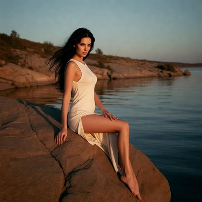 Woman in white dress on lakeside rock