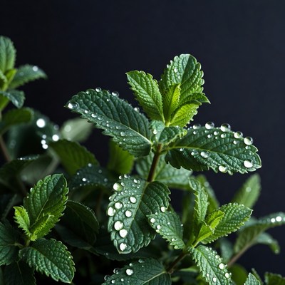 Fresh Mint Leaves with Water Droplets