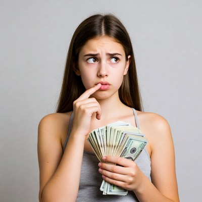Young woman pondering cash stack
