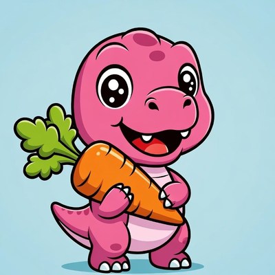 Cute pink dinosaur holding carrot