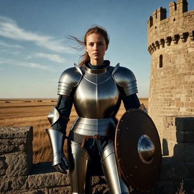 Female knight in armor with shield