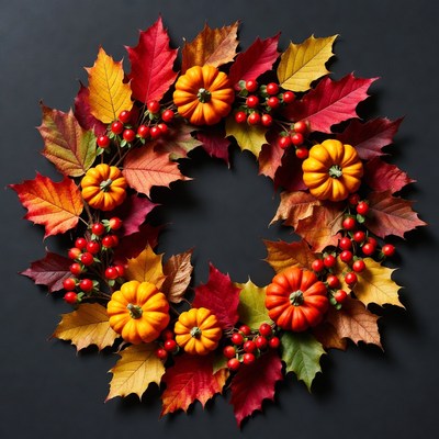 Autumn Wreath with Maple Leaves and Pumpkins