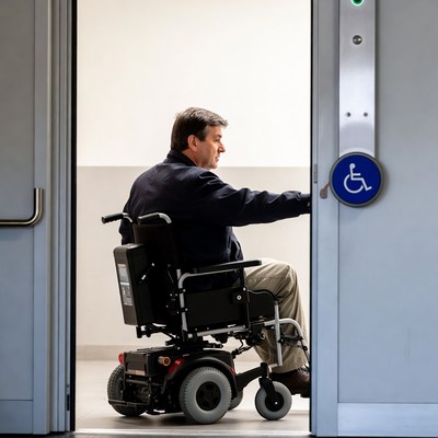 Man in wheelchair entering accessible door