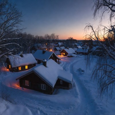 Snowy village houses at twilight
