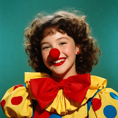 Girl with red nose in clown costume
